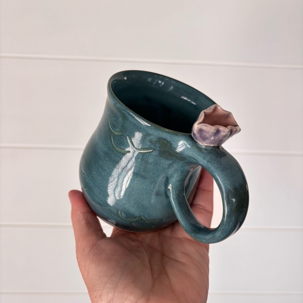 Handmade Teal Ocean Waves Ceramic Mug with Oyster and pearl Accent On Handle - Picture 6 of 11